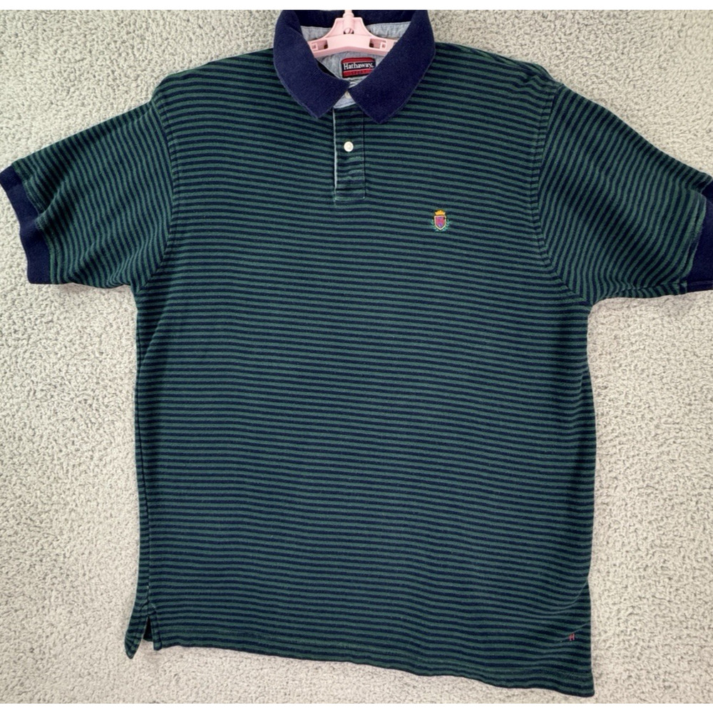 Hathaway Sport Polo Shirt Mens Large Green Blue Striped Cotton Golf